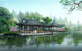3D-Design, Garten, Pavillon, See, Lotus- HD Hintergrundbilder