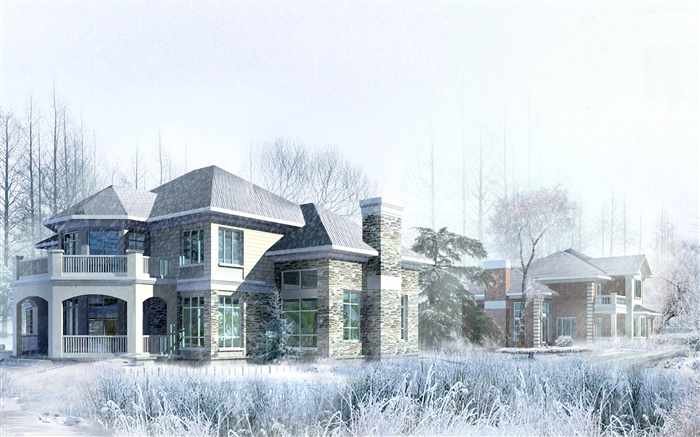 3D-Design, Haus, Winter, Schnee Hintergrundbilder Bilder