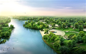 3D-Design, Fluss, Park, Bäume, Vögel HD Hintergrundbilder