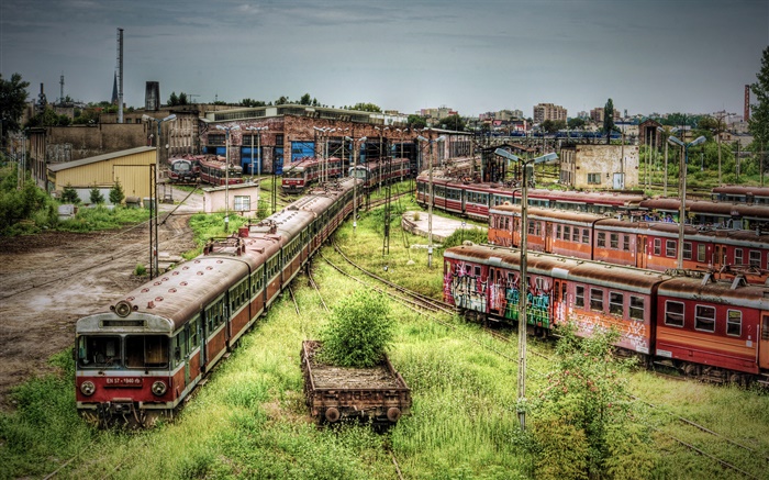 Verlassene-Bahn-Station, Züge, überwuchert Unkraut Hintergrundbilder Bilder