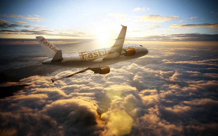 Airbus A300 Flugzeuge, Himmel, Wolken, Sonnenstrahlen Hintergrundbilder Bilder