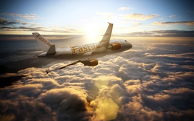 Airbus A300 Flugzeuge, Himmel, Wolken, Sonnenstrahlen