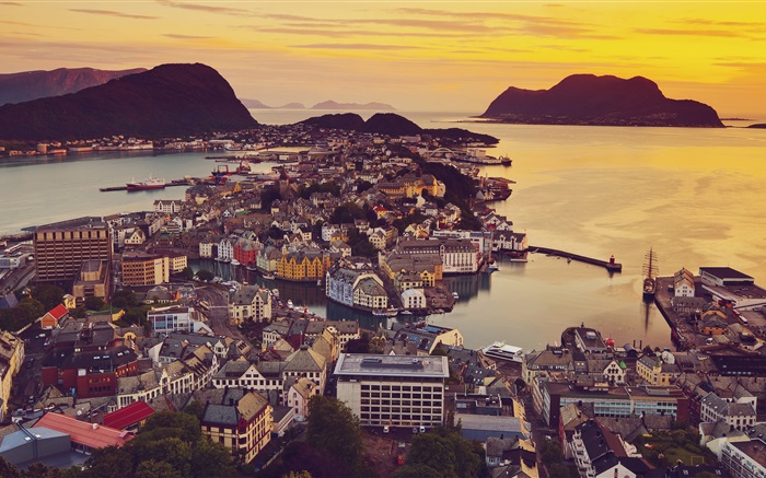 Ålesund, Norwegen, Stadt, Häuser, Sonnenuntergang, Küste Hintergrundbilder Bilder