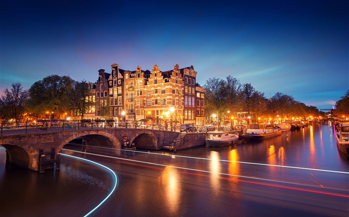 Amsterdam, Nederland, Nacht, Häuser, Brücke, Fluss, Lichter, Boote Hintergrundbilder Bilder