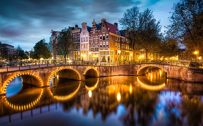 Amsterdam, Nederland, nacht, lichter, Fluss, Brücke, Häuser Hintergrundbilder Bilder