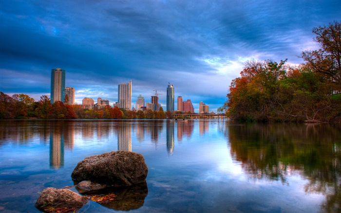 Austin, Texas, USA, See, Gebäude, blauer Himmel Hintergrundbilder Bilder