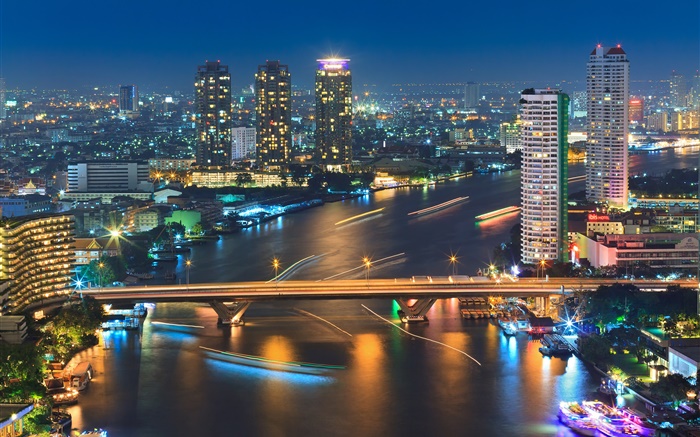 Bangkok, Thailand, Gebäude, Fluss, Brücke, Nacht, Lichter Hintergrundbilder Bilder