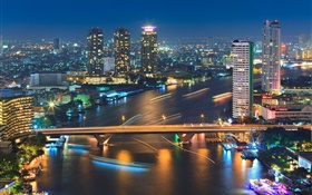 Bangkok, Thailand, Gebäude, Fluss, Brücke, Nacht, Lichter HD Hintergrundbilder