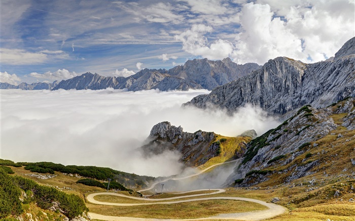 Bayern, Deutschland, Alpen, Berge, Straße, Bäume, Nebel Hintergrundbilder Bilder