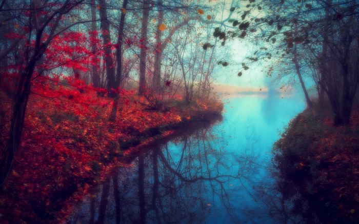 Schöne Natur, Landschaft, Herbst, Fluss, Bäume, rote Blätter Hintergrundbilder Bilder