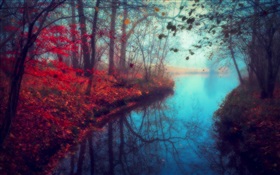 Schöne Natur, Landschaft, Herbst, Fluss, Bäume, rote Blätter HD Hintergrundbilder
