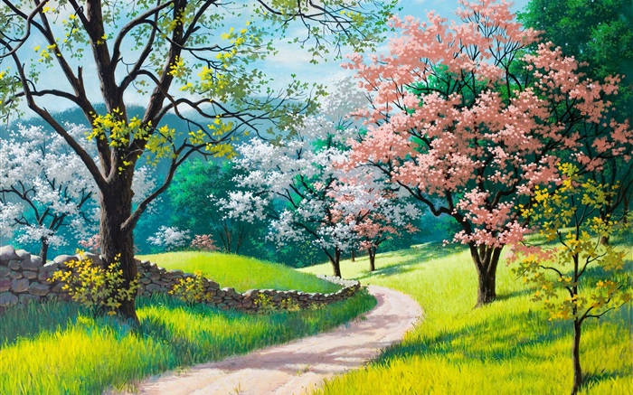 Schöne Malerei, Schönheit, Straße, Bäume, Gras, Blumen Hintergrundbilder Bilder