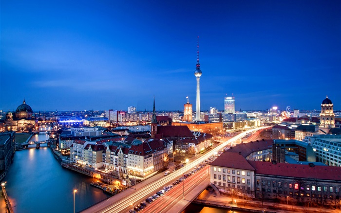 Berlin, Deutschland, Alexanderplatz, am Abend, Gebäude, Beleuchtung Hintergrundbilder Bilder