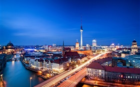 Berlin, Deutschland, Alexanderplatz, am Abend, Gebäude, Beleuchtung HD Hintergrundbilder