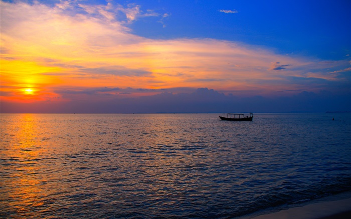 Kambodscha, Asien, Strand, Meer, Schiff, Sonnenuntergang Hintergrundbilder Bilder