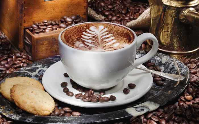 Cappuccino Kaffee, Tasse, Untertasse, Kekse Hintergrundbilder Bilder