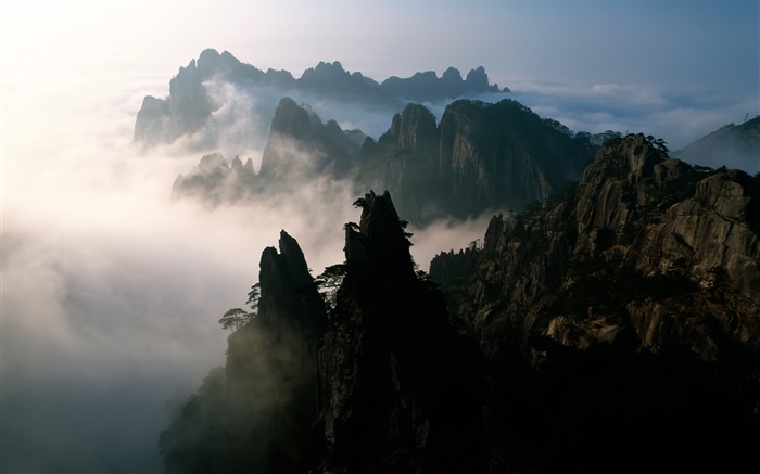 China, Berge, Nebel, Dämmerung Hintergrundbilder Bilder