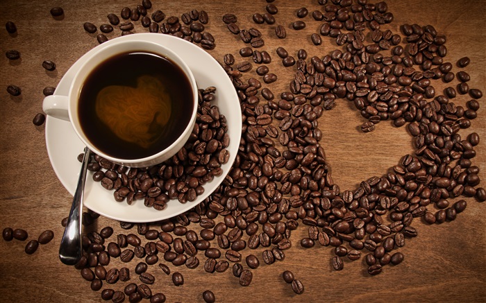 Tasse Kaffee, Kaffeebohnen, Liebe herzförmigen Hintergrundbilder Bilder