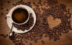 Tasse Kaffee, Kaffeebohnen, Liebe herzförmigen HD Hintergrundbilder