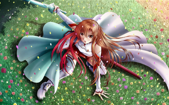 Tanz anime girl, Schwert, Garten Hintergrundbilder Bilder