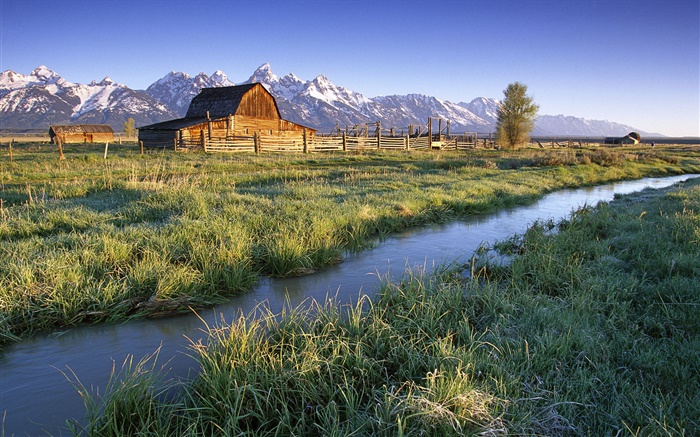 Grand Teton National Park, Wyoming, USA, Fluss, Haus, Gras Hintergrundbilder Bilder