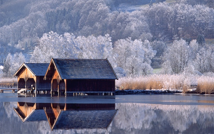 Häuser, Fluss, Bäume, Winter, Deutschland Hintergrundbilder Bilder