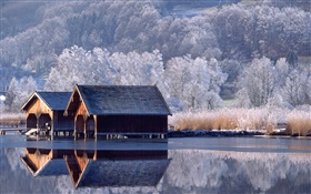 Häuser, Fluss, Bäume, Winter, Deutschland HD Hintergrundbilder