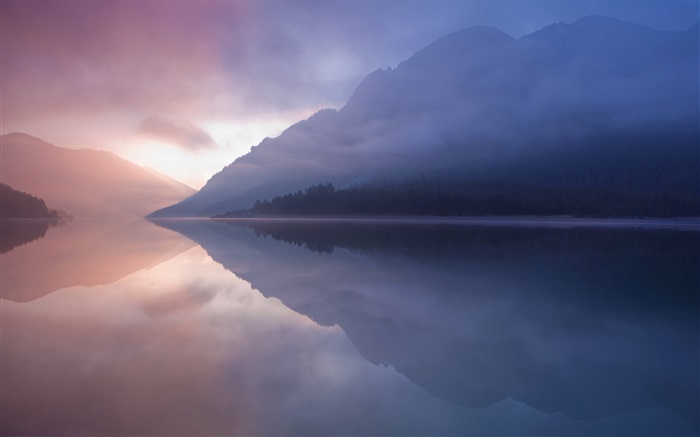 See, Berg, Nebel, Wasser Reflexion Hintergrundbilder Bilder