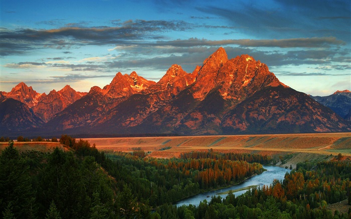 Gebirge, Wald, Fluss, Herbst, Amerika, Wyoming Hintergrundbilder Bilder