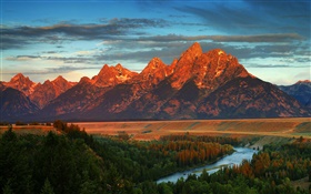 Gebirge, Wald, Fluss, Herbst, Amerika, Wyoming HD Hintergrundbilder