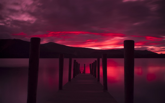 Pier, Sonnenuntergang, See, roten Himmel Hintergrundbilder Bilder