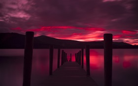 Pier, Sonnenuntergang, See, roten Himmel HD Hintergrundbilder
