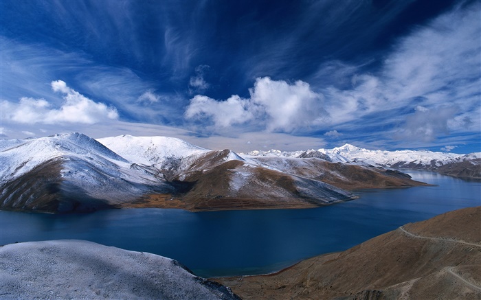 Fluss, Berge, blauer Himmel, China Hintergrundbilder Bilder
