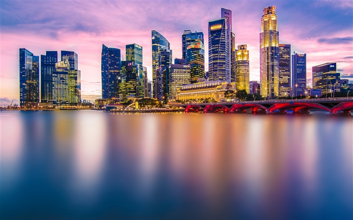 Singapur, Stadt Abend, Lichter, Wolkenkratzer, Bucht Hintergrundbilder Bilder