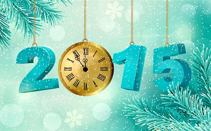 Schneeflocke, Uhr, Tannenzweigen, Neujahr 2015 Hintergrundbilder Bilder