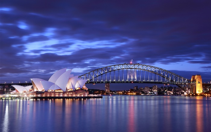 Oper von Sydney, Australia, Nacht, Brücke, Beleuchtung, Meer, blauer Hintergrundbilder Bilder