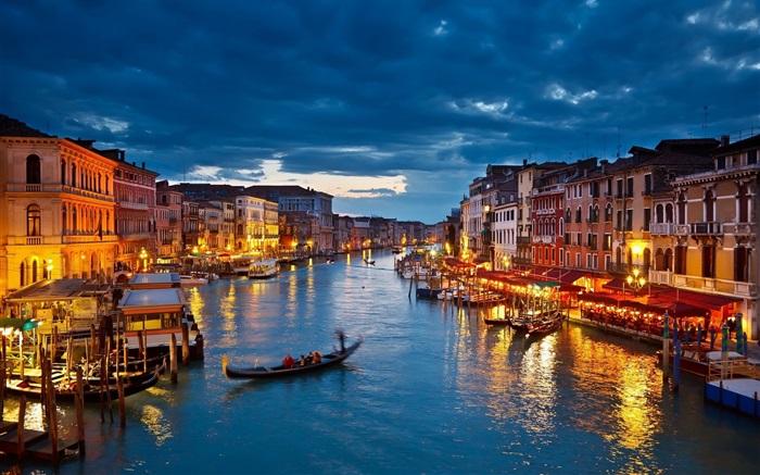 Venedig schöne Nacht, Häuser, Boote, Fluss Hintergrundbilder Bilder