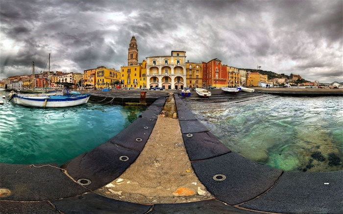 Venedig, Docks, Boote, Häuser, Wolken Hintergrundbilder Bilder