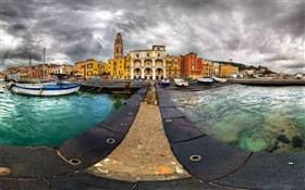 Venedig, Docks, Boote, Häuser, Wolken