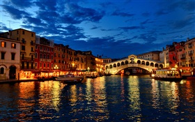 Venedig, Nacht, Fluss, Häuser, Lichter, Brücke HD Hintergrundbilder