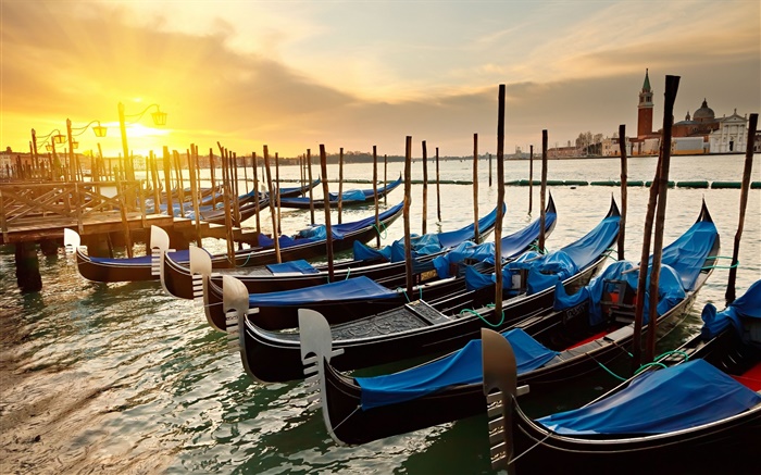Venedig Sonnenuntergang, Boote, Fluss Hintergrundbilder Bilder