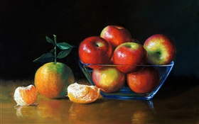 Wasserfarbe auf Papier, Äpfel und Orangen HD Hintergrundbilder