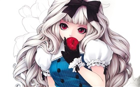 Weiße Haare anime girl eating apple HD Hintergrundbilder