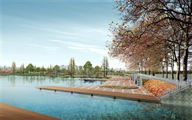 3D-Design, Stadtparks, bäume, see HD Hintergrundbilder