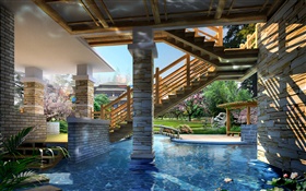 3D-Design, einblenden Villa, Pool HD Hintergrundbilder