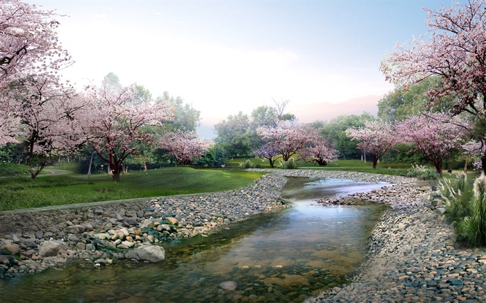 3D-Design, Frühlingspark, Blumen in voller Blüte, Bach Hintergrundbilder Bilder