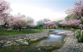 3D-Design, Frühlingspark, Blumen in voller Blüte, Bach HD Hintergrundbilder