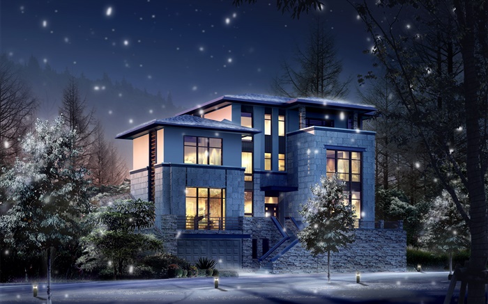 3D-Design, ist die Villa in der Nacht, Licht, Leuchtkäfer- Hintergrundbilder Bilder