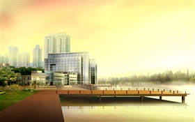 3D-Design, städtischen Hochhäusern, Fluss, Pier HD Hintergrundbilder