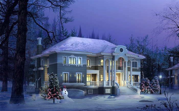 3D-Design, Winterhaus, Schnee, Nacht Hintergrundbilder Bilder
